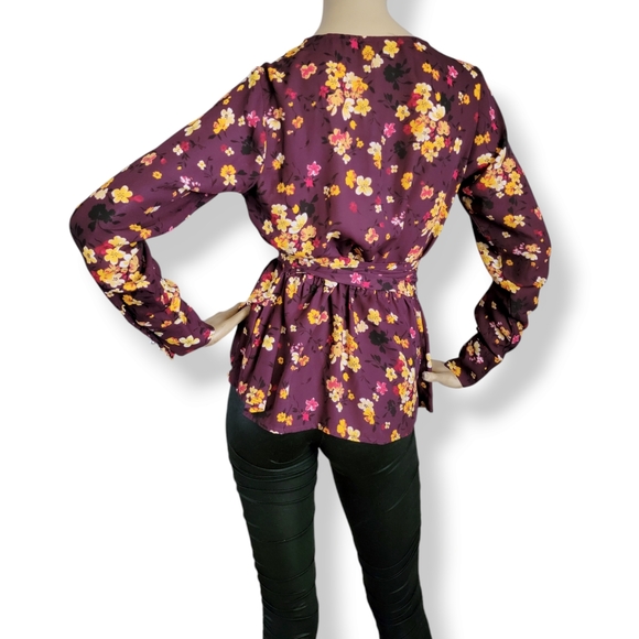 Gibson Plum/Purple & Yellow Floral Wrap Tie Waist Long Sleeve Top Size Small - Picture 6 of 8